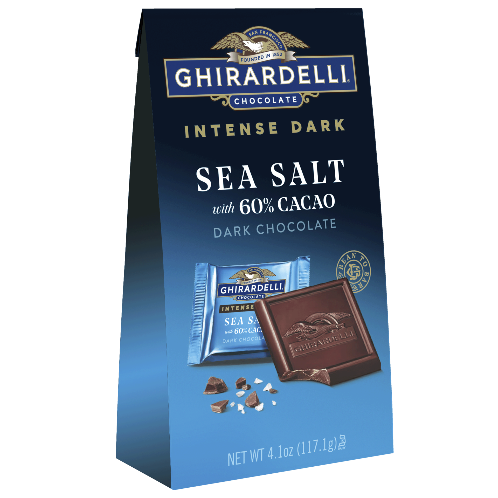 slide 1 of 9, GHIRARDELLI Intense Dark Chocolate Squares, Sea Salt 60% Cacao, 4.1 Oz Bag, 4.1 oz