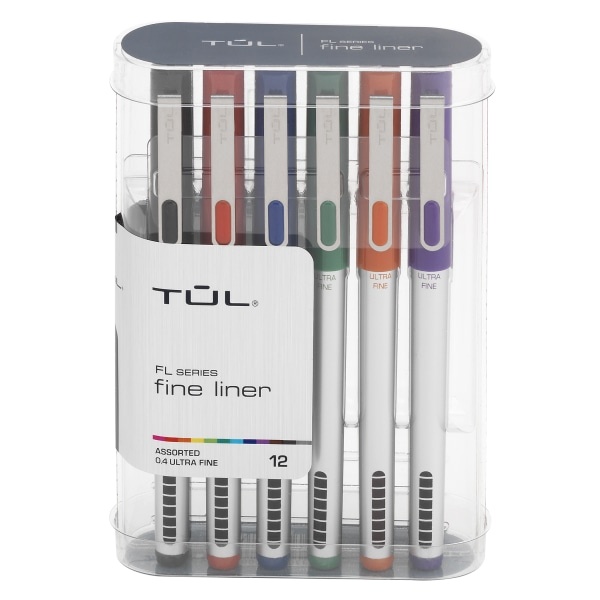 slide 1 of 10, TUL Fine Liner Felt-Tip Pens, Ultra-Fine Point, 0.4 Mm, Silver Barrel, Assorted Ink Colors, Pack Of 12 Pens, 12 ct