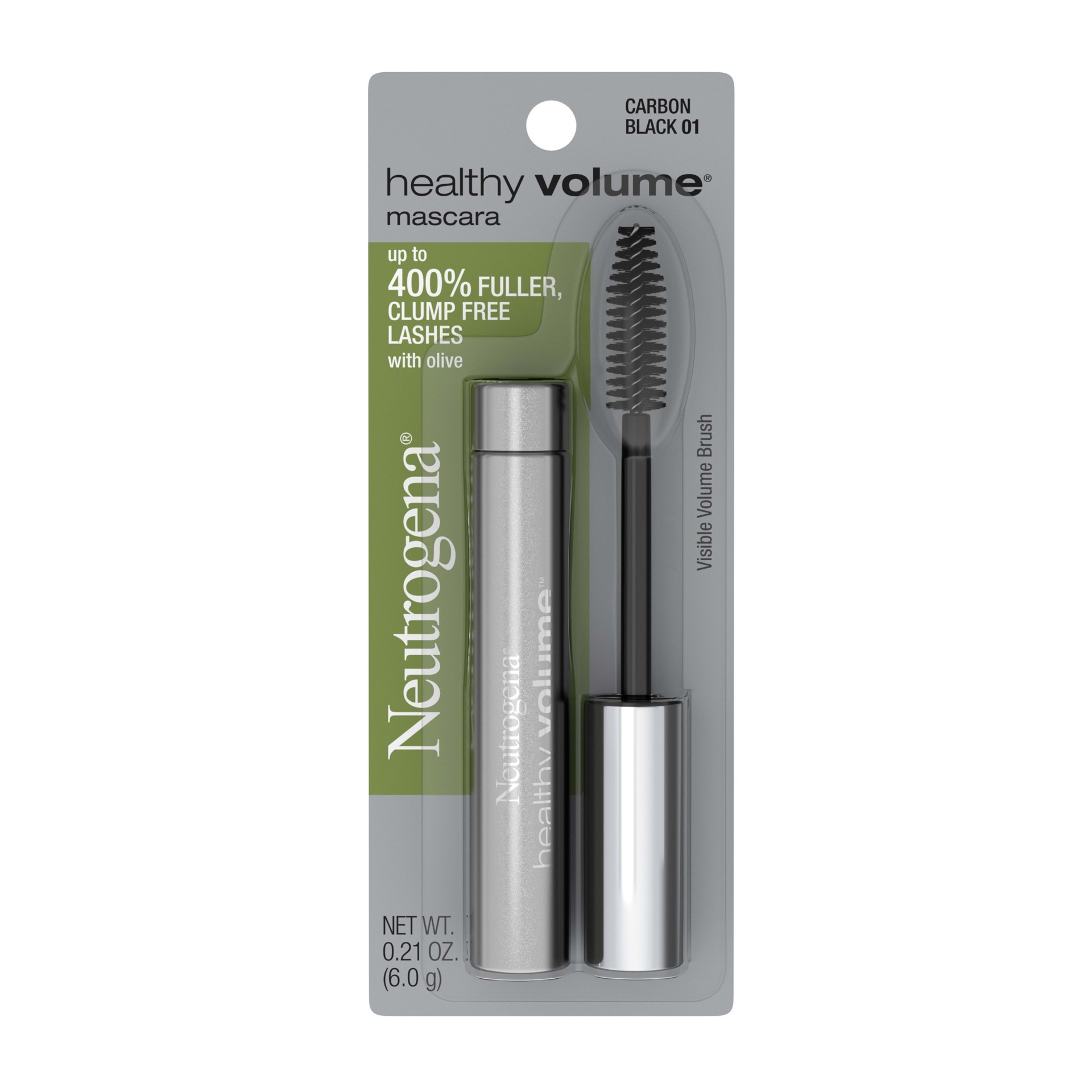 slide 3 of 5, Neutrogena Healthy Volume Lash-Plumping Mascara, Volumizing and Conditioning Mascara with Olive Oil to Build Fuller Lashes, Clump-, Smudge- and Flake-Free, Carbon Black 01, 0.21 oz, 1 ct