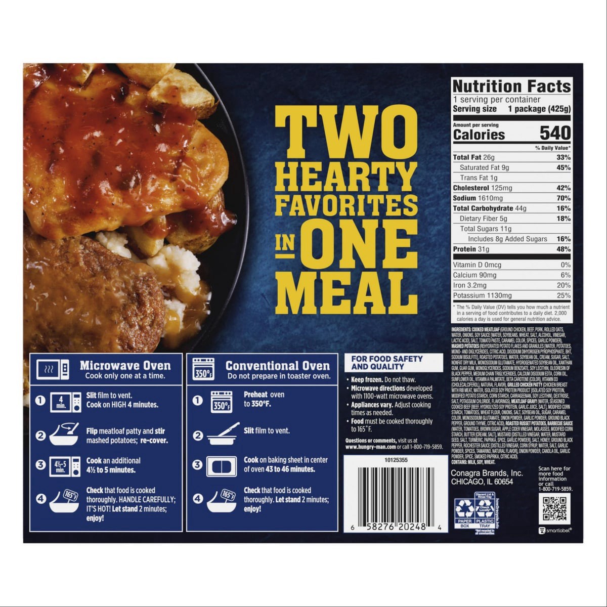 slide 12 of 13, Hungry Man Hungry-Man Combos, Meatloaf and BBQ Sauced Chicken, Frozen Meal, 15 oz