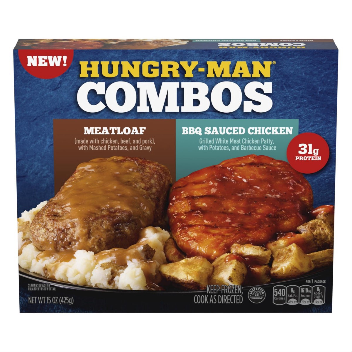 slide 1 of 13, Hungry Man Hungry-Man Combos, Meatloaf and BBQ Sauced Chicken, Frozen Meal, 15 oz