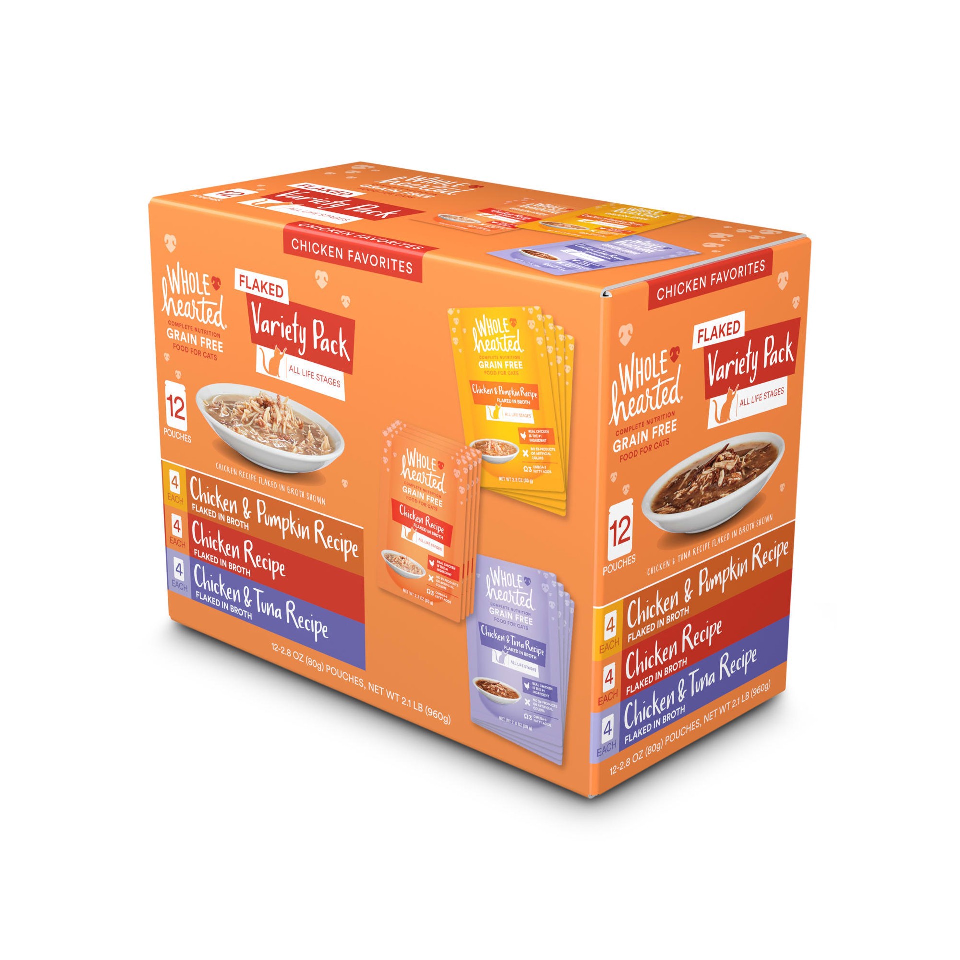 slide 1 of 1, WholeHearted Grain Free Chicken Favorites Flaked Wet Cat Food Variety Pack, 2.8 oz., Count of 12, 1 ct