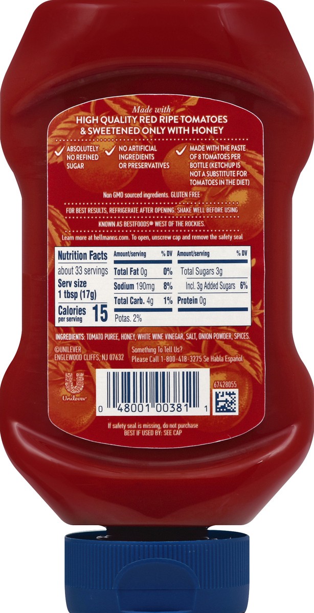 slide 4 of 6, Hellmann's Sweetened Only with Honey Real Ketchup, 20 oz