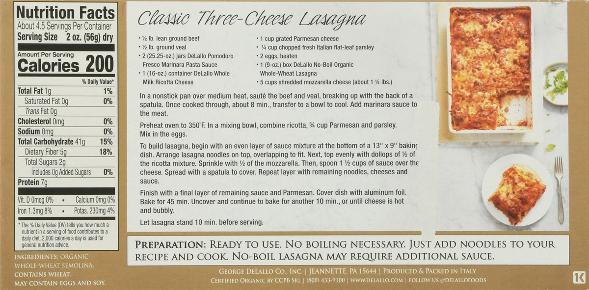 slide 9 of 10, DeLallo Lasagna, Whole Wheat, 