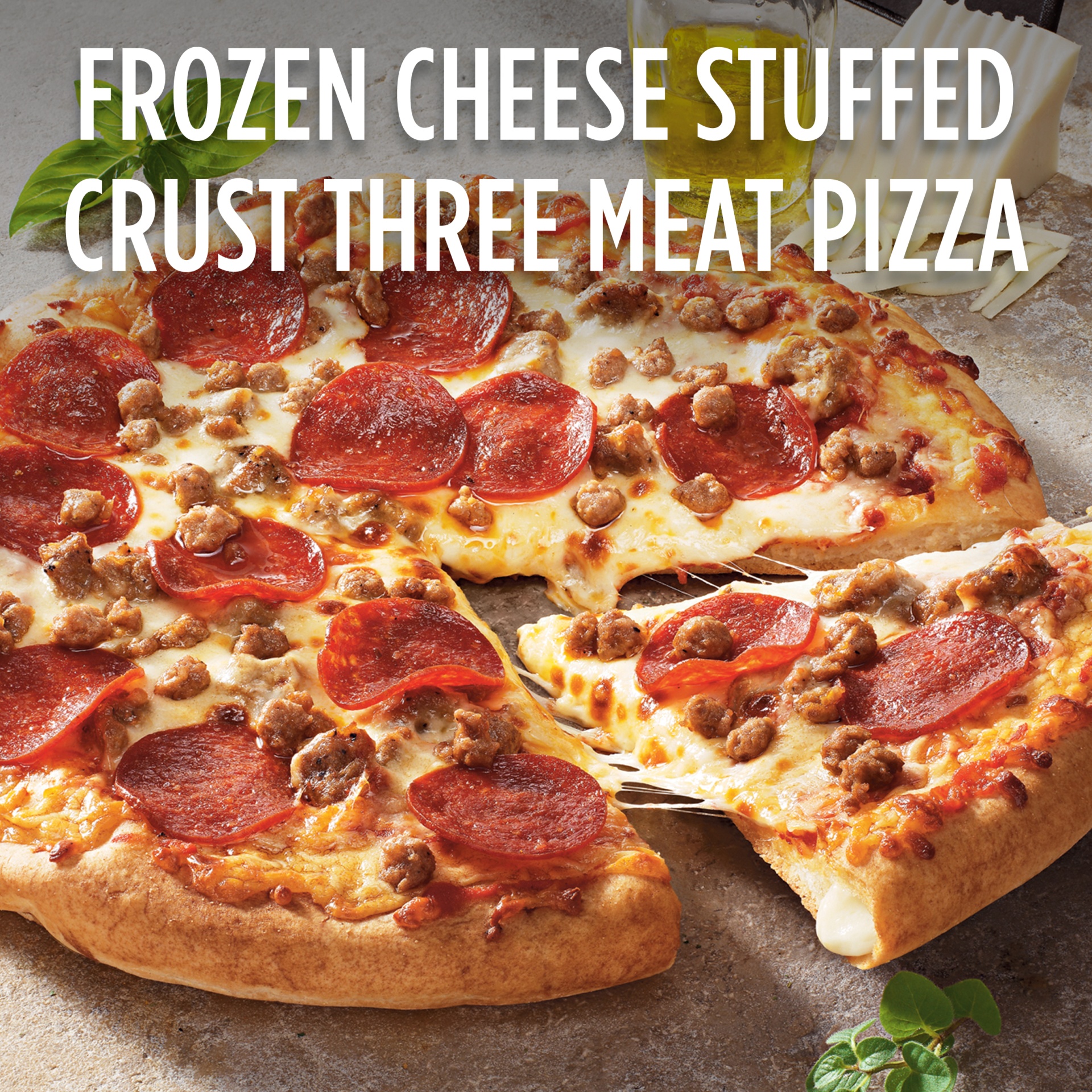 slide 3 of 13, DIGIORNO Three Meat Frozen Pizza with Cheese Stuffed Crust, 24.5 oz