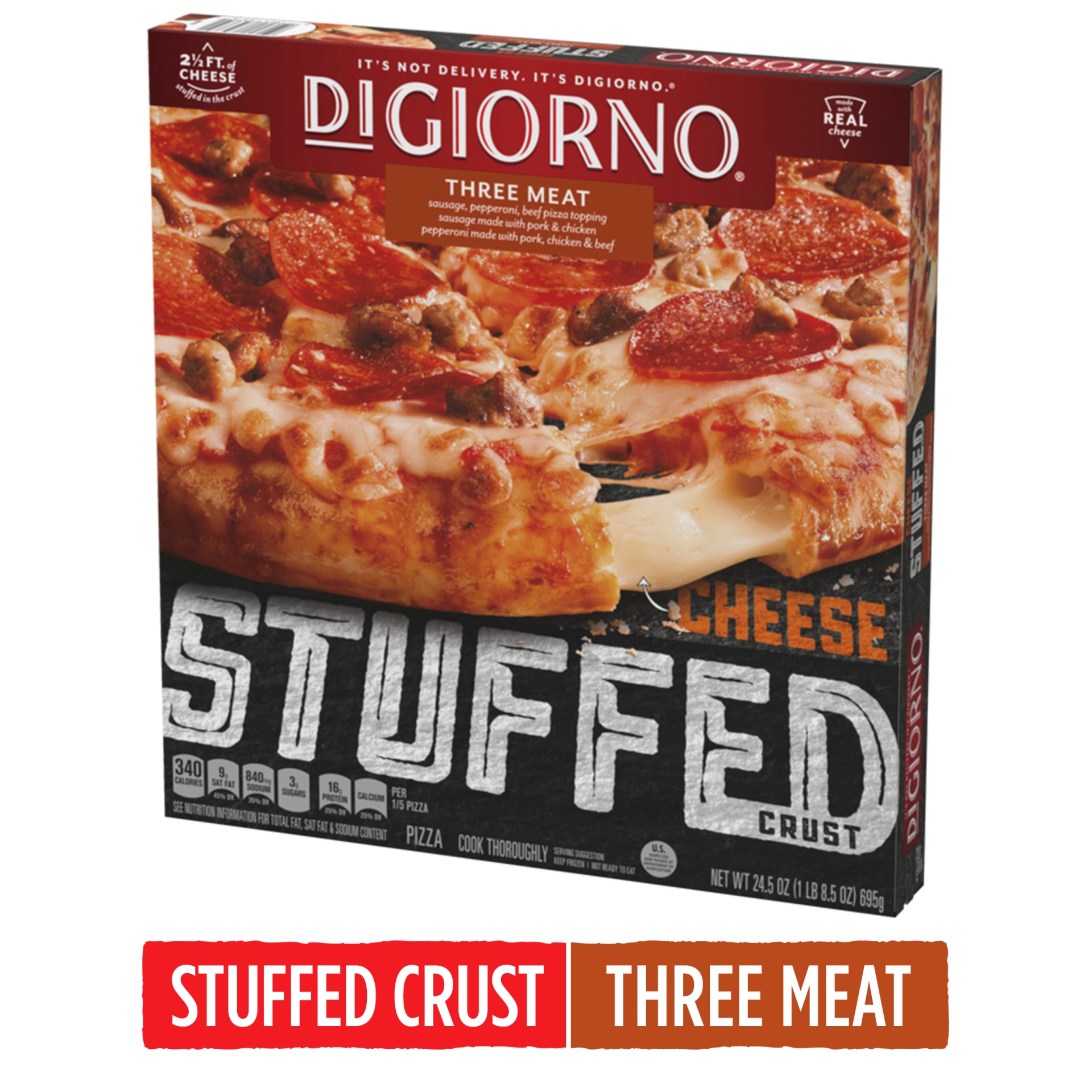 slide 1 of 13, DIGIORNO Three Meat Frozen Pizza with Cheese Stuffed Crust, 24.5 oz