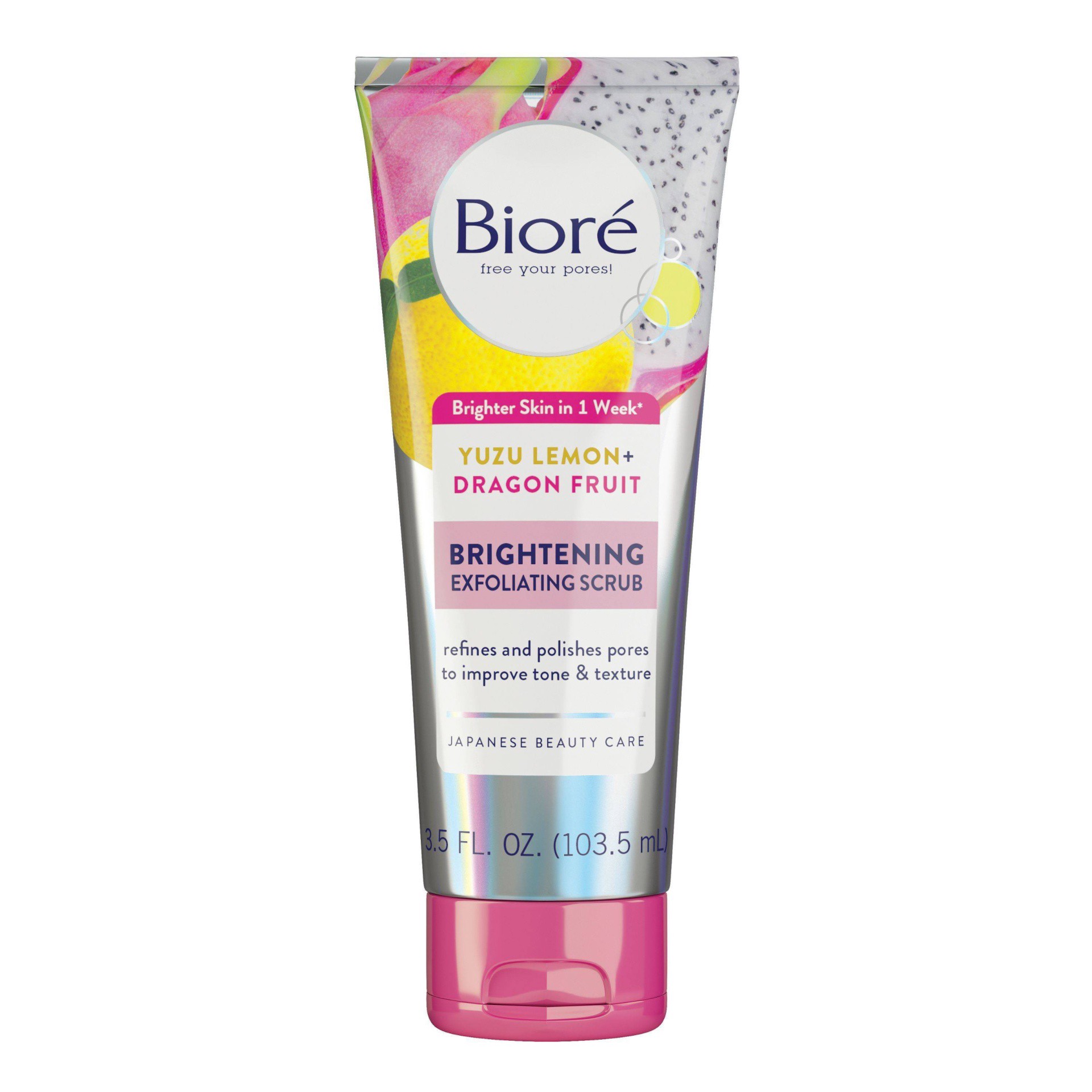 slide 1 of 4, Biore Brightening Exfoliating Scrub - Yuzu Lemon and Dragon Fruit, 3.5 fl oz