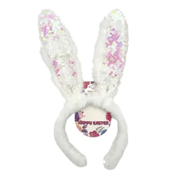 Meijer Corporate Seasonal Easter Fuzzy Headband With Sequin Jumbo Bunny Ears In Ab White, White, 1 ct