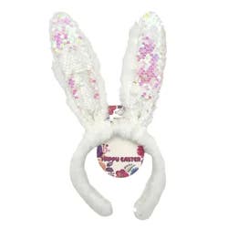 Meijer Corporate Seasonal Easter Fuzzy Headband With Sequin Jumbo Bunny Ears In Ab White, White, 1 ct