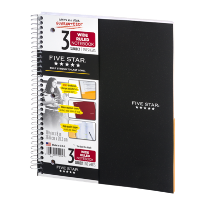 slide 1 of 1, Mead Five Star 3-Subject Wide Ruled Spiral Notebook, 150 ct