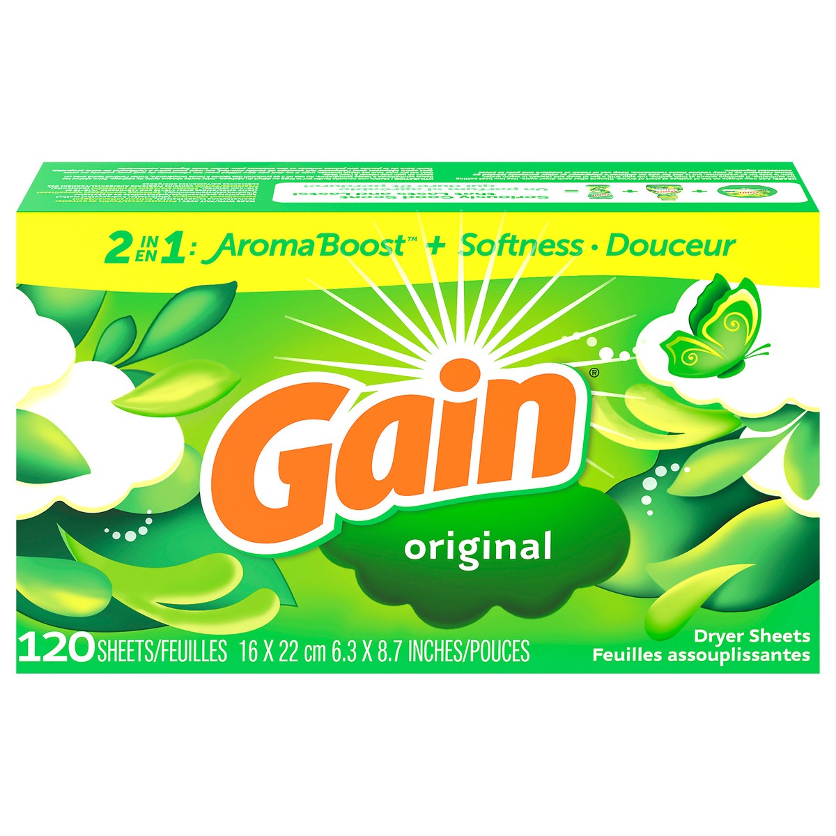 slide 4 of 13, Gain dryer sheets, 120 Count, Original Scent Laundry Fabric Softener Sheets with 2-in-1 Aromaboost Plus Softness, 120 ct