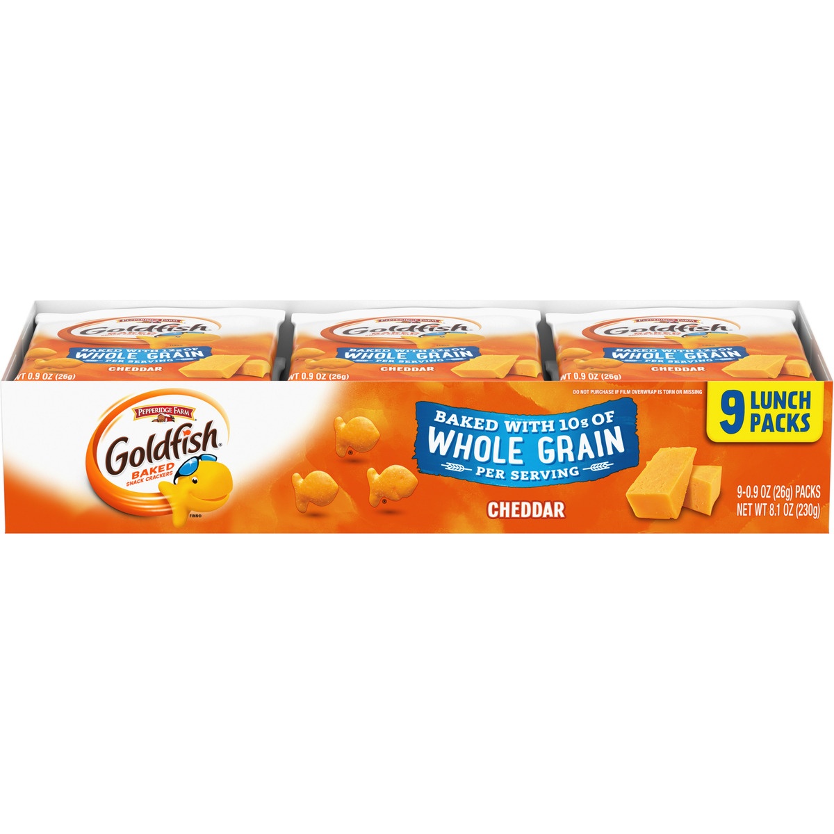 slide 1 of 7, Goldfish Cheddar Whole Grain Baked Snack Crackers, 9 ct; 0.9 oz