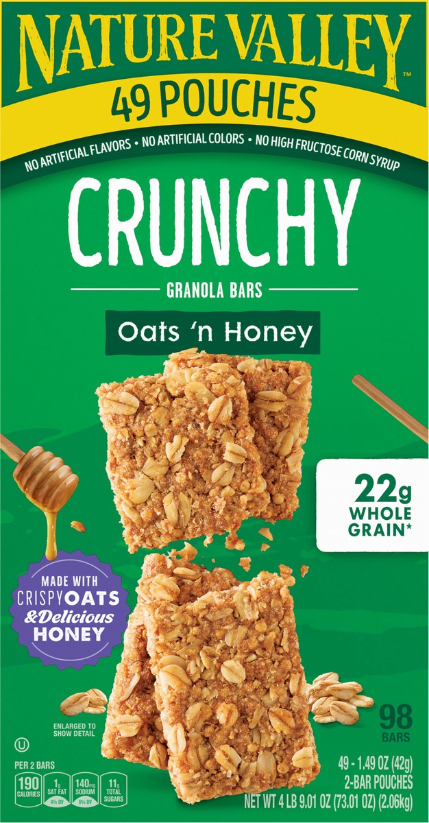 slide 11 of 14, Nature Valley Crunchy Granola Bars, Oats 'n Honey, 98 Bars, 73.01 OZ (49 Pouches), 49 ct