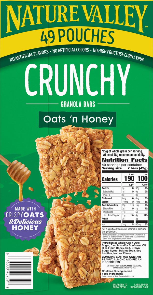 slide 12 of 14, Nature Valley Crunchy Granola Bars, Oats 'n Honey, 98 Bars, 73.01 OZ (49 Pouches), 49 ct