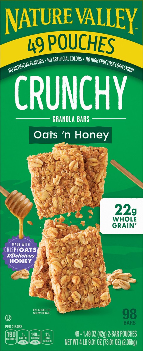 slide 9 of 14, Nature Valley Crunchy Granola Bars, Oats 'n Honey, 98 Bars, 73.01 OZ (49 Pouches), 49 ct