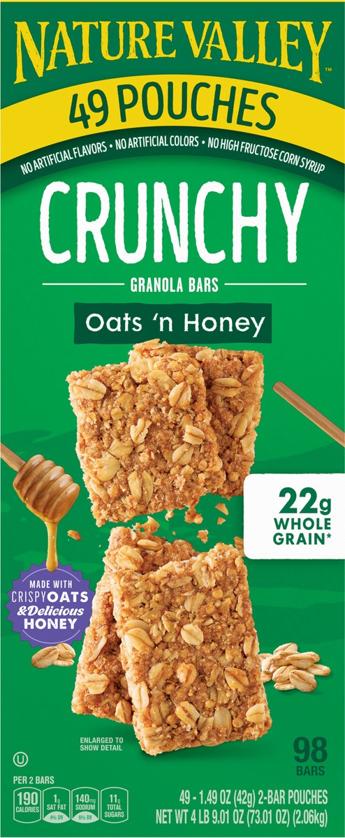 slide 10 of 14, Nature Valley Crunchy Granola Bars, Oats 'n Honey, 98 Bars, 73.01 OZ (49 Pouches), 49 ct