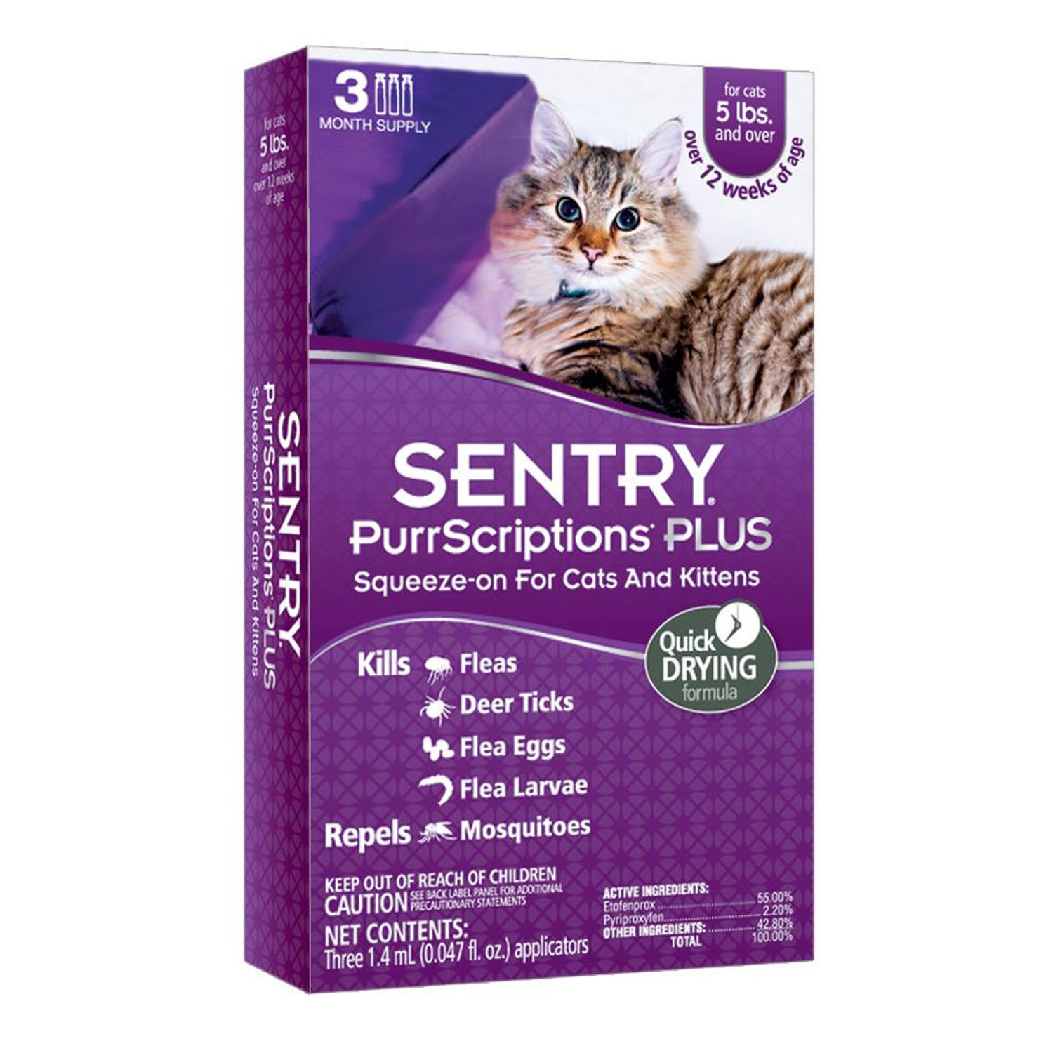 slide 1 of 1, Sentry PurrScriptions Plus Cat & Kitten Squeeze-On Flea & Tick Control, For Cats over 5 lbs., 3 ct