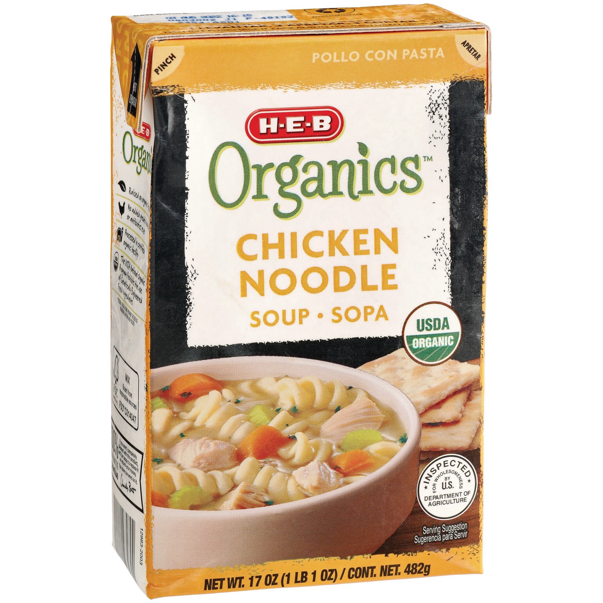 slide 1 of 1, H-E-B Organics Chicken Noodle Soup, 17.3 oz