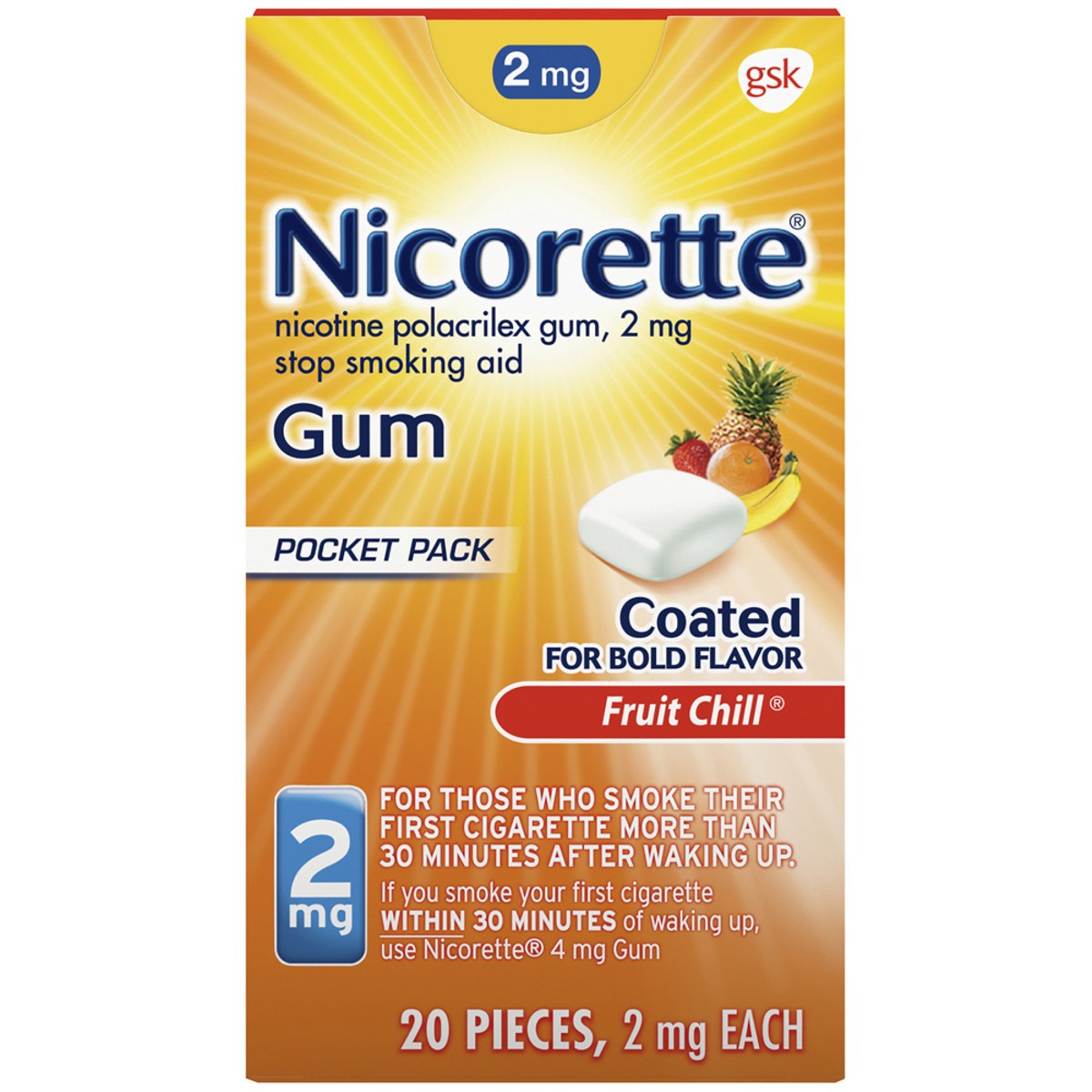 slide 3 of 12, Nicorette Nicotine Gum to Stop Smoking, 2mg, Fruit Chill Flavor - 20 Count, 20 ct