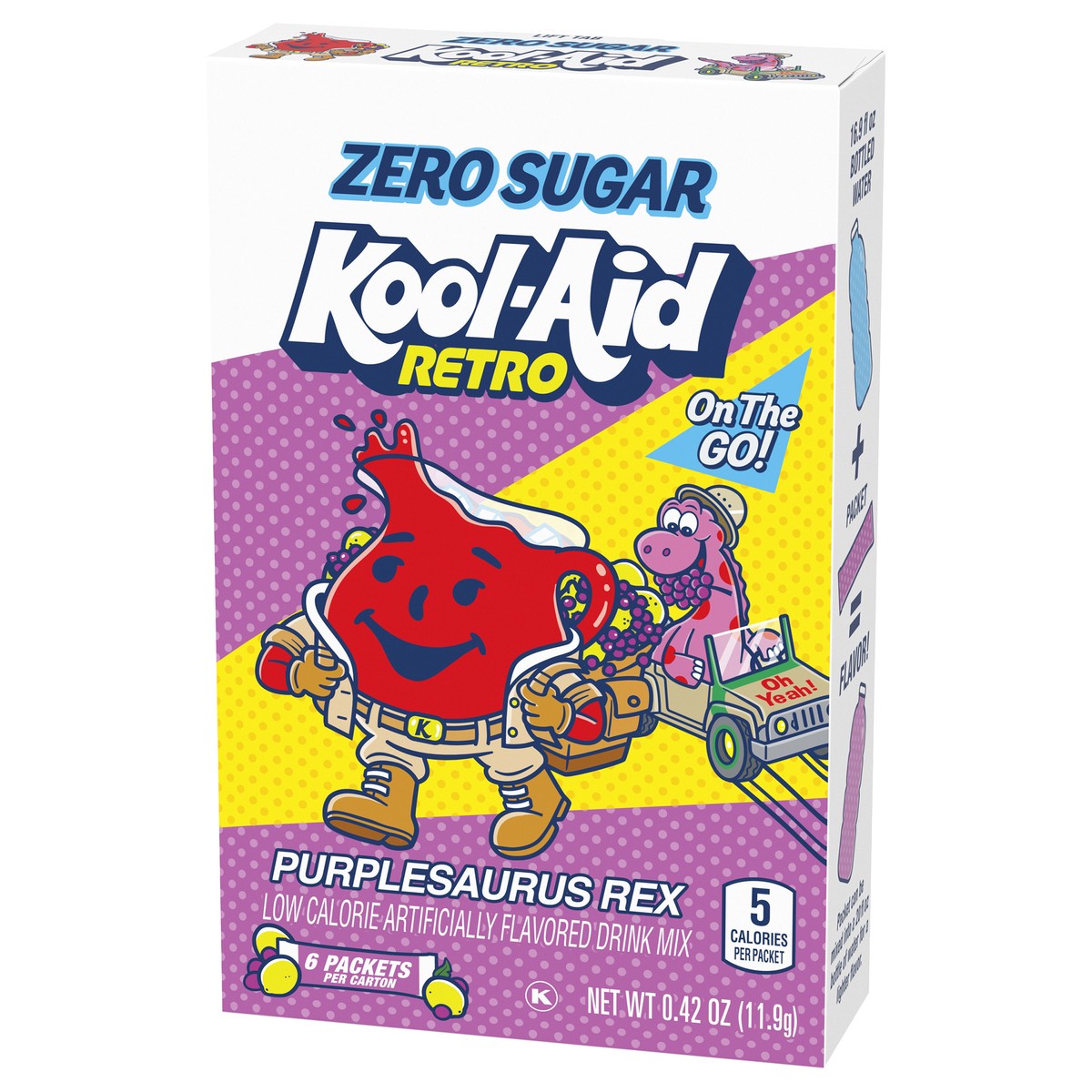 slide 5 of 9, Kool-Aid Retro Purplesaurus Rex Grape Lemonade Zero Sugar Artificially Flavored Powdered Soft Drink Mix, 6 ct On-the-Go-Packets, 6 ct