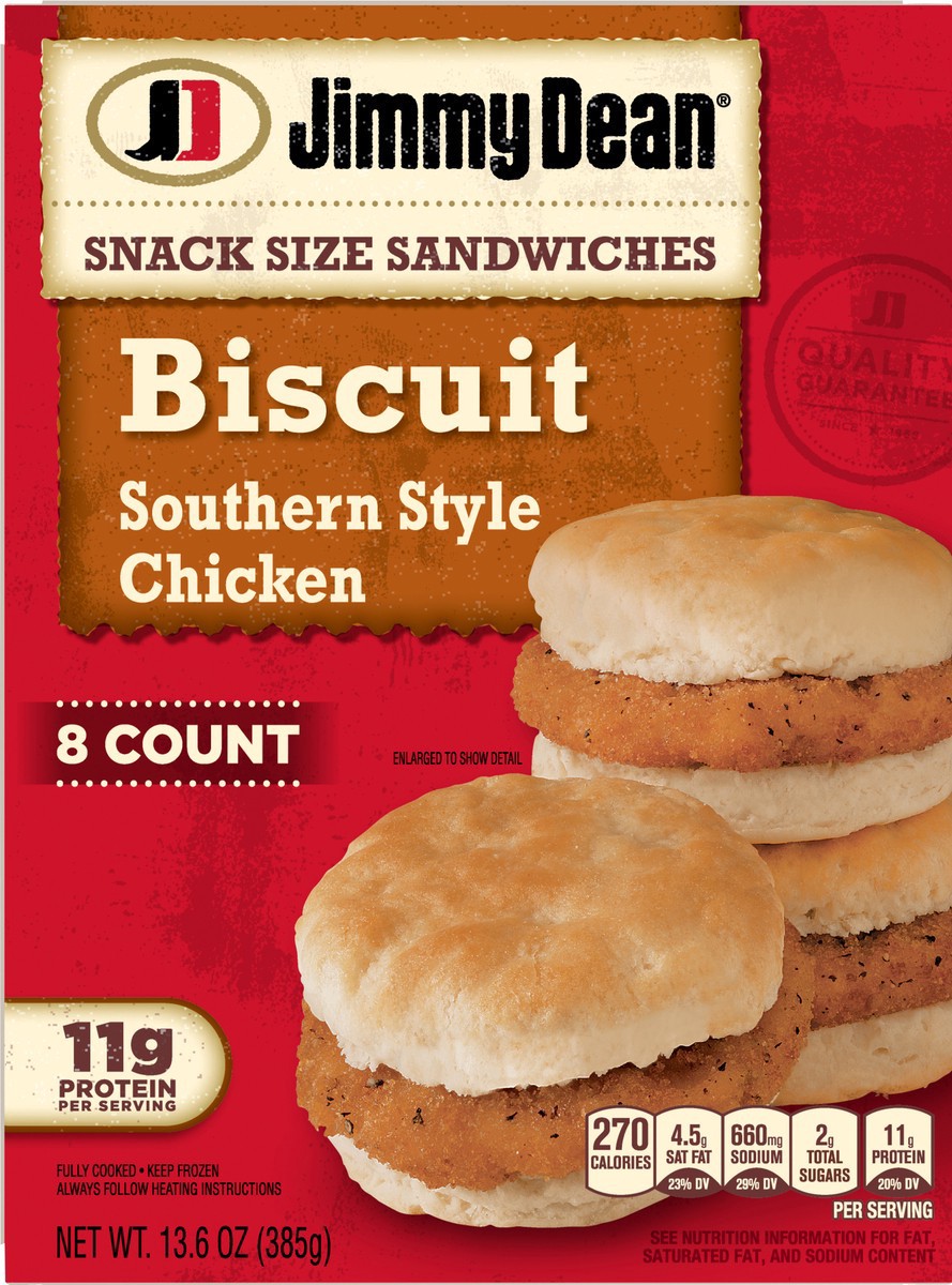 slide 10 of 14, Jimmy Dean Snack Size Biscuit Breakfast Sandwiches with Southern Style Chicken, Frozen, 8 Count, 385.55 g