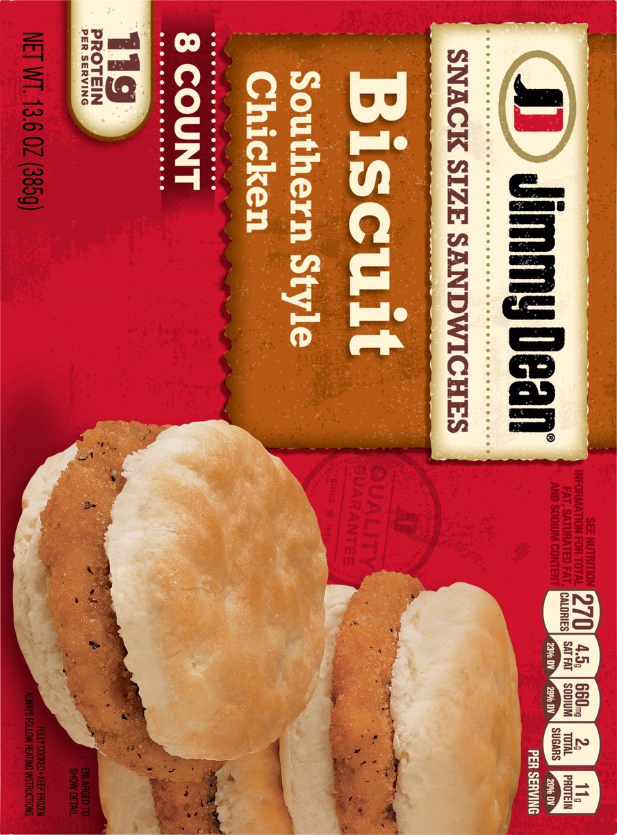 slide 9 of 14, Jimmy Dean Snack Size Biscuit Breakfast Sandwiches with Southern Style Chicken, Frozen, 8 Count, 385.55 g