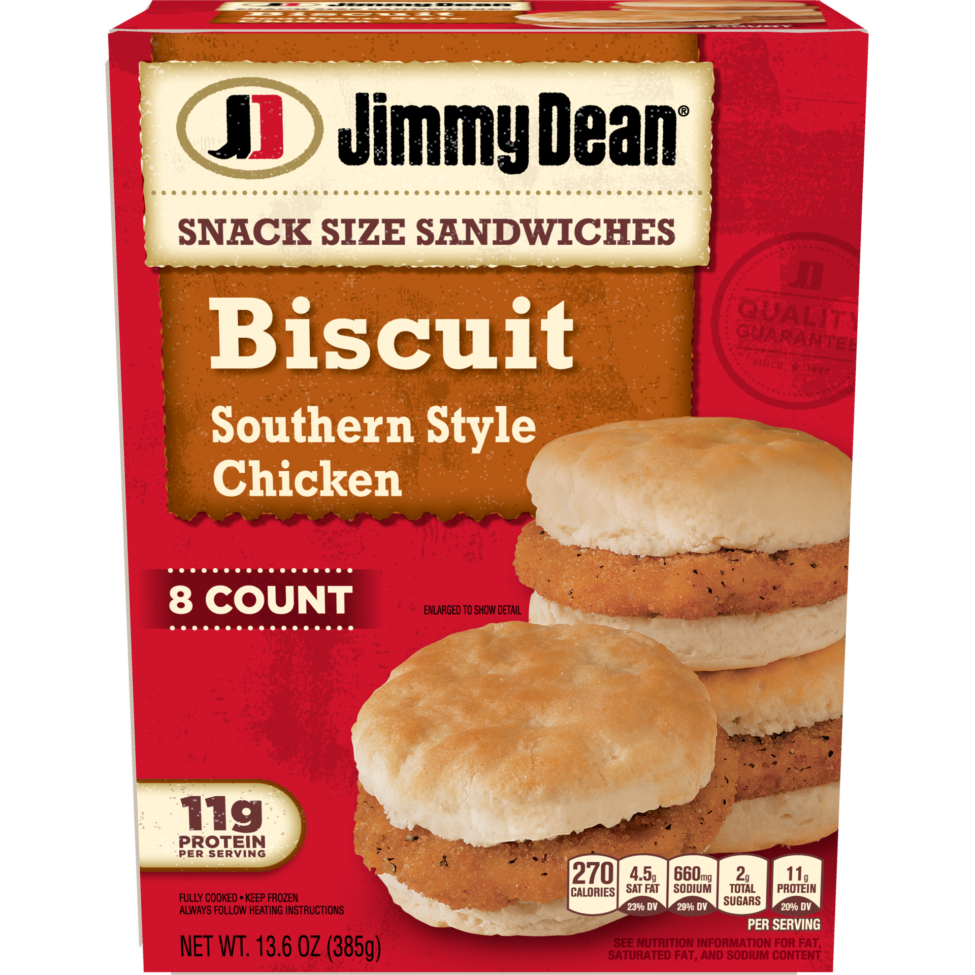 slide 1 of 14, Jimmy Dean Snack Size Biscuit Breakfast Sandwiches with Southern Style Chicken, Frozen, 8 Count, 385.55 g