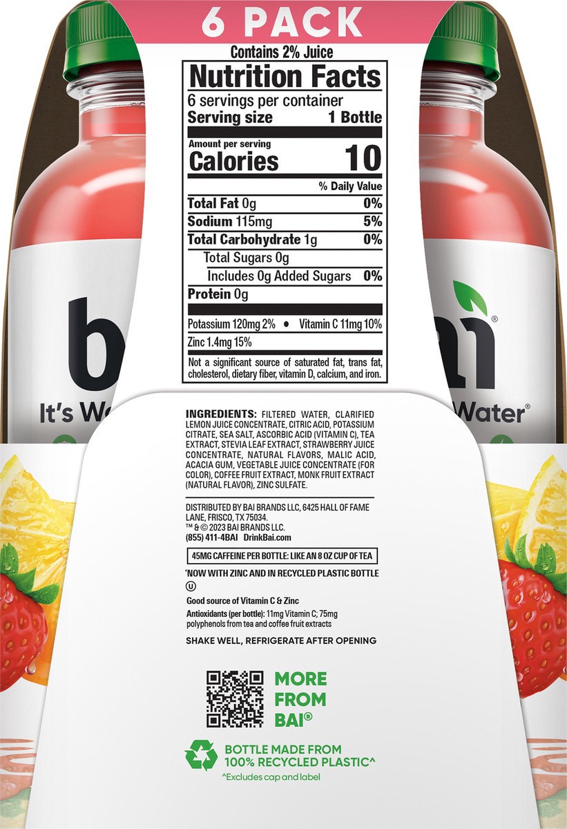 slide 11 of 11, Bai Antioxidant Infused Water Beverage, São Paulo Strawberry Lemonade, 14 fl oz Bottles, 6 Pack, 6 ct