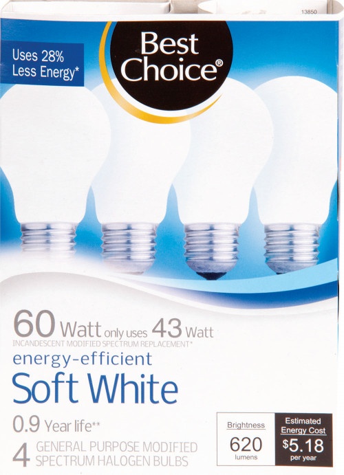 slide 1 of 1, Best Choice Halogen Soft White 43 Watt Light Bulbs - 680 Lumens, 4 ct