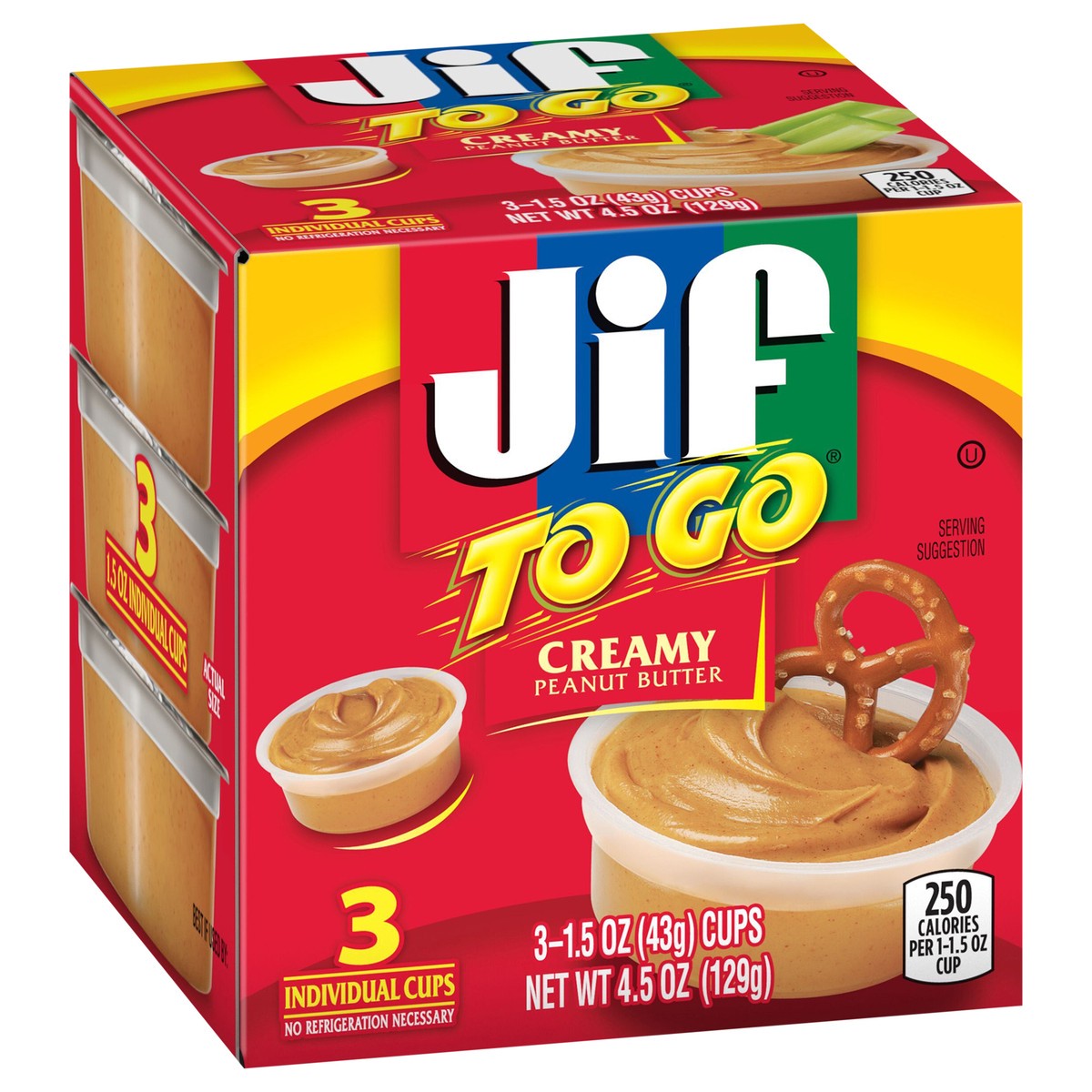 slide 5 of 8, Jif To Go Creamy Peanut Butter, 3- 1.5 Ounce Cups, Smooth and Creamy Texture, Snack Size Packs, 3 ct