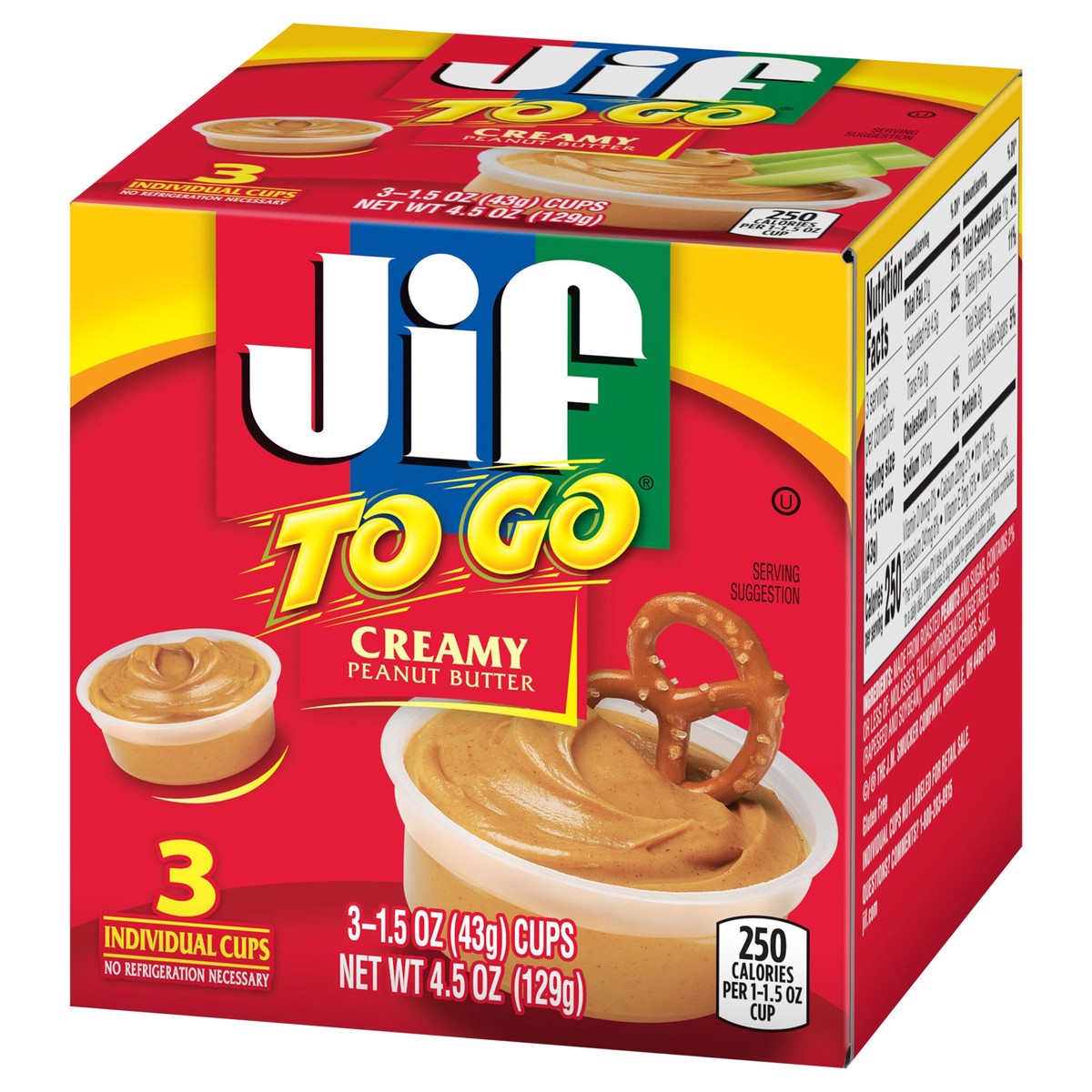 slide 4 of 8, Jif To Go Creamy Peanut Butter, 3- 1.5 Ounce Cups, Smooth and Creamy Texture, Snack Size Packs, 3 ct