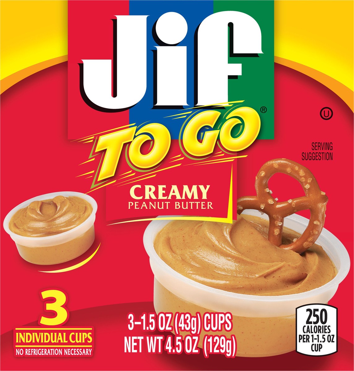 slide 3 of 8, Jif To Go Creamy Peanut Butter, 3- 1.5 Ounce Cups, Smooth and Creamy Texture, Snack Size Packs, 3 ct