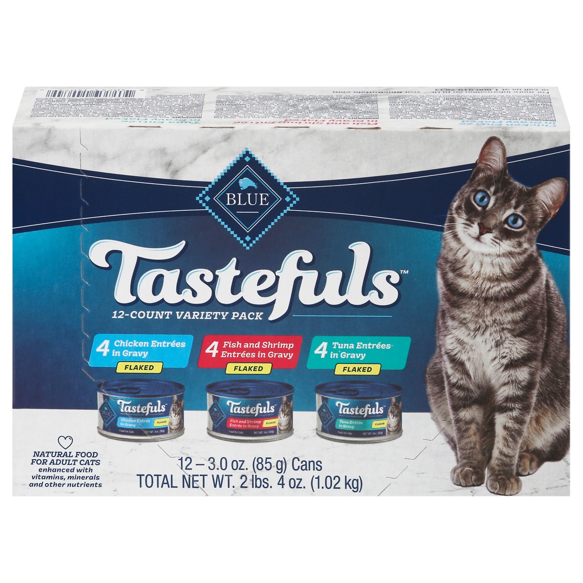 slide 1 of 5, Blue Buffalo Blue Tastefuls Variety Pack Flaked Chicken/Fish and Shrimp/ Tuna Entrees in Gravy Adult Cat Food 12 - 3.0 oz Cans, 12 ct; 3 oz