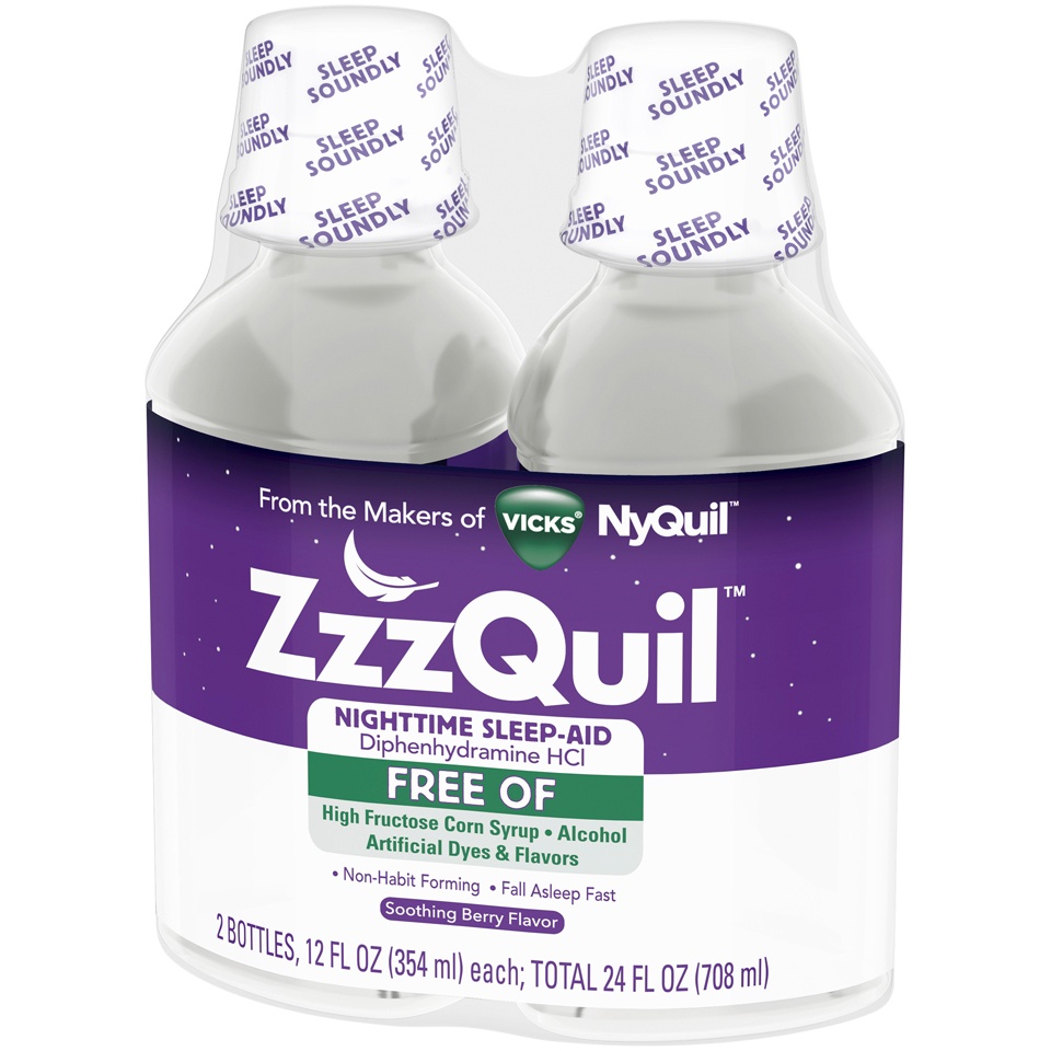 slide 2 of 2, ZzzQuil Nighttime Sleep-Aid Liquid - Diphenhydramine HCl - Mango Berry, 2 ct; 12 fl oz