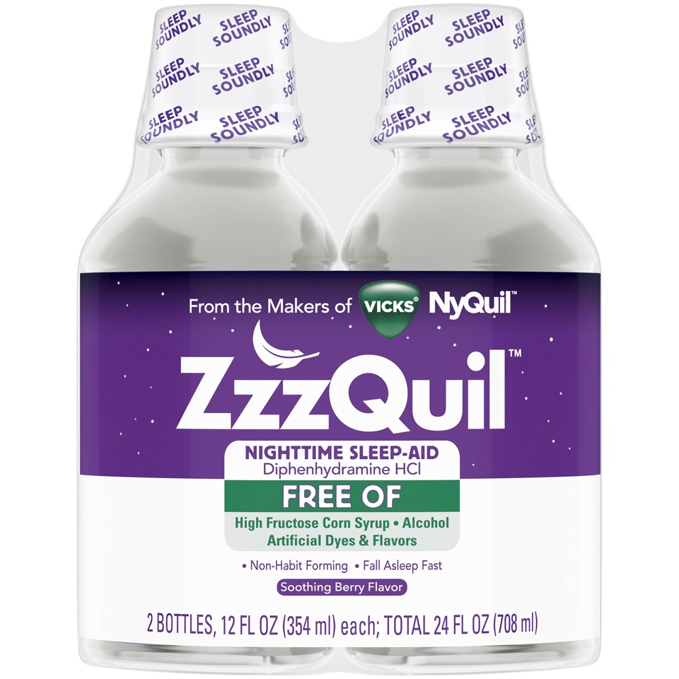 slide 1 of 2, ZzzQuil Nighttime Sleep-Aid Liquid - Diphenhydramine HCl - Mango Berry, 2 ct; 12 fl oz