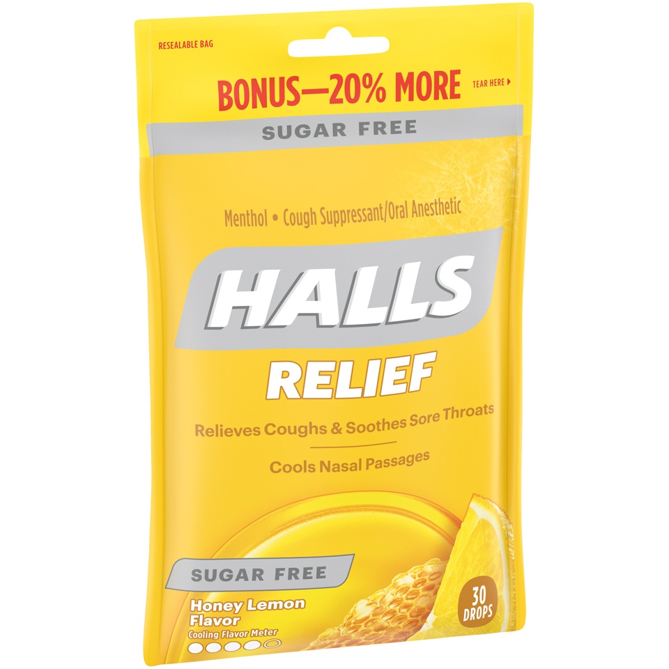 slide 3 of 7, Halls Sugar-Free Triple Soothing Action Cough Drops Honey Lemon, 30 ct