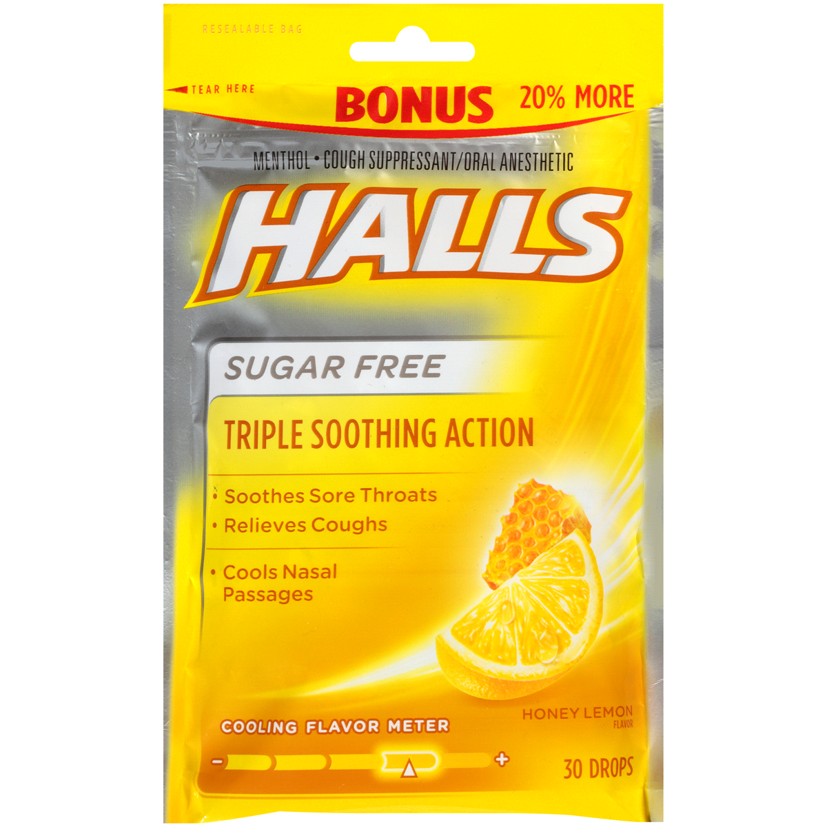 slide 1 of 7, Halls Sugar-Free Triple Soothing Action Cough Drops Honey Lemon, 30 ct