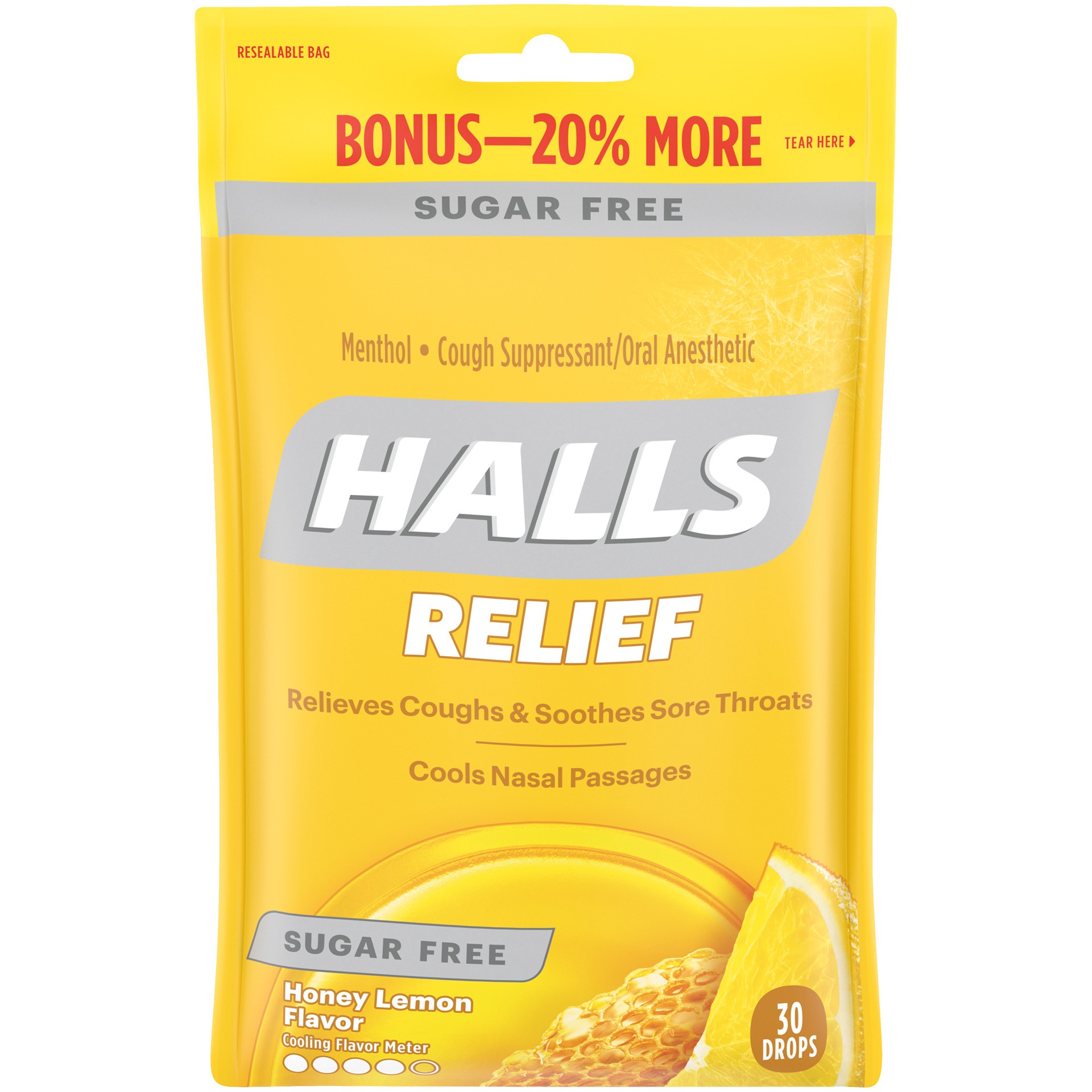 slide 1 of 3, HALLS Relief Sugar Free Honey Lemon Flavor Cough Drops, 1 Bag (30 Total Drops), 0.20 lb