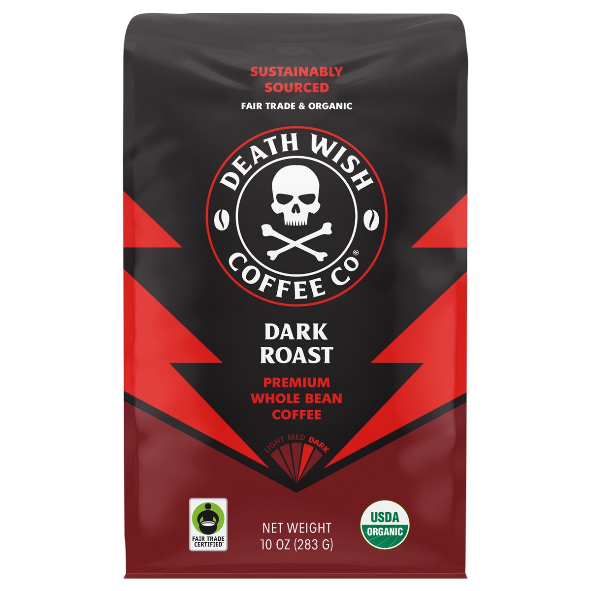 slide 1 of 7, Death Wish Coffee Co. Death Wish Coffee, Organic and Fair Trade, Dark Roast, Whole Bean Coffee, 10 oz, 10 oz