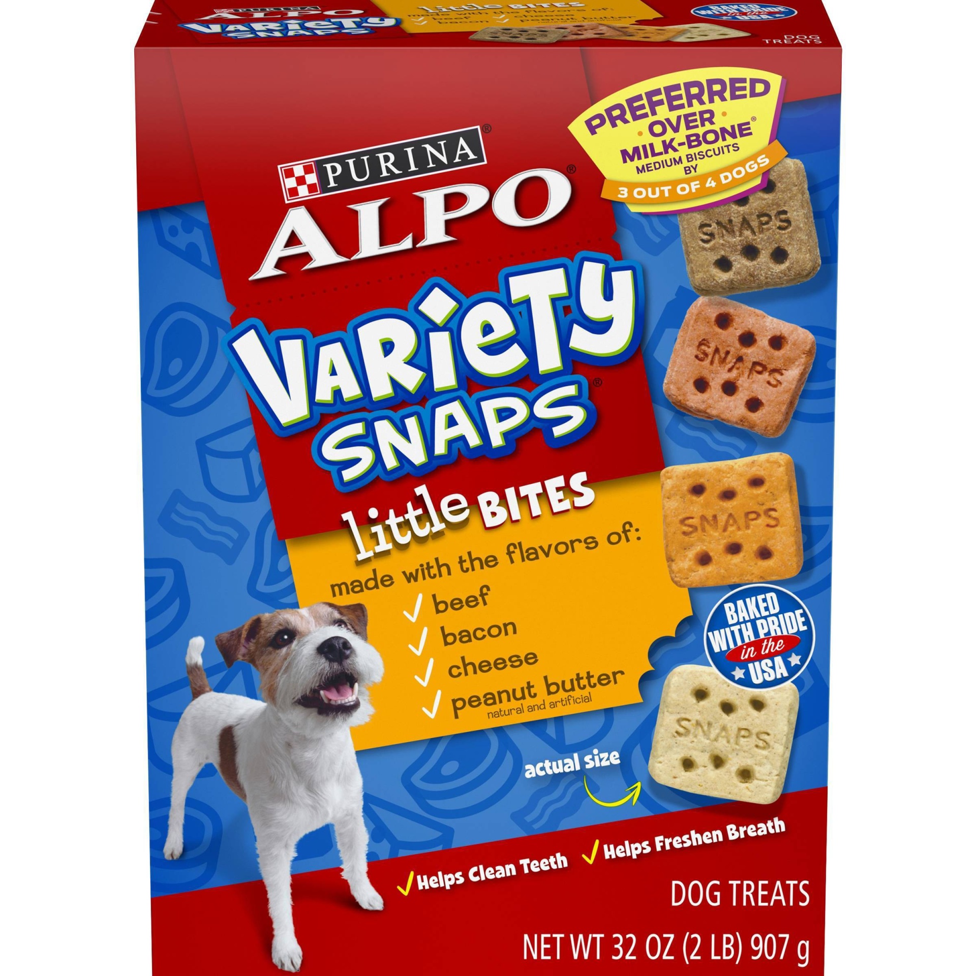 slide 1 of 1, Purina ALPO Variety Snaps Little Bites Dog Treats with Beef, Bacon, Cheese & Peanut Butter Flavors, 32 oz