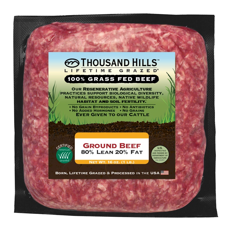 slide 1 of 1, Thousand Hills Cattle Company 80% Lean 20% Fat Ground Beef, 16 oz