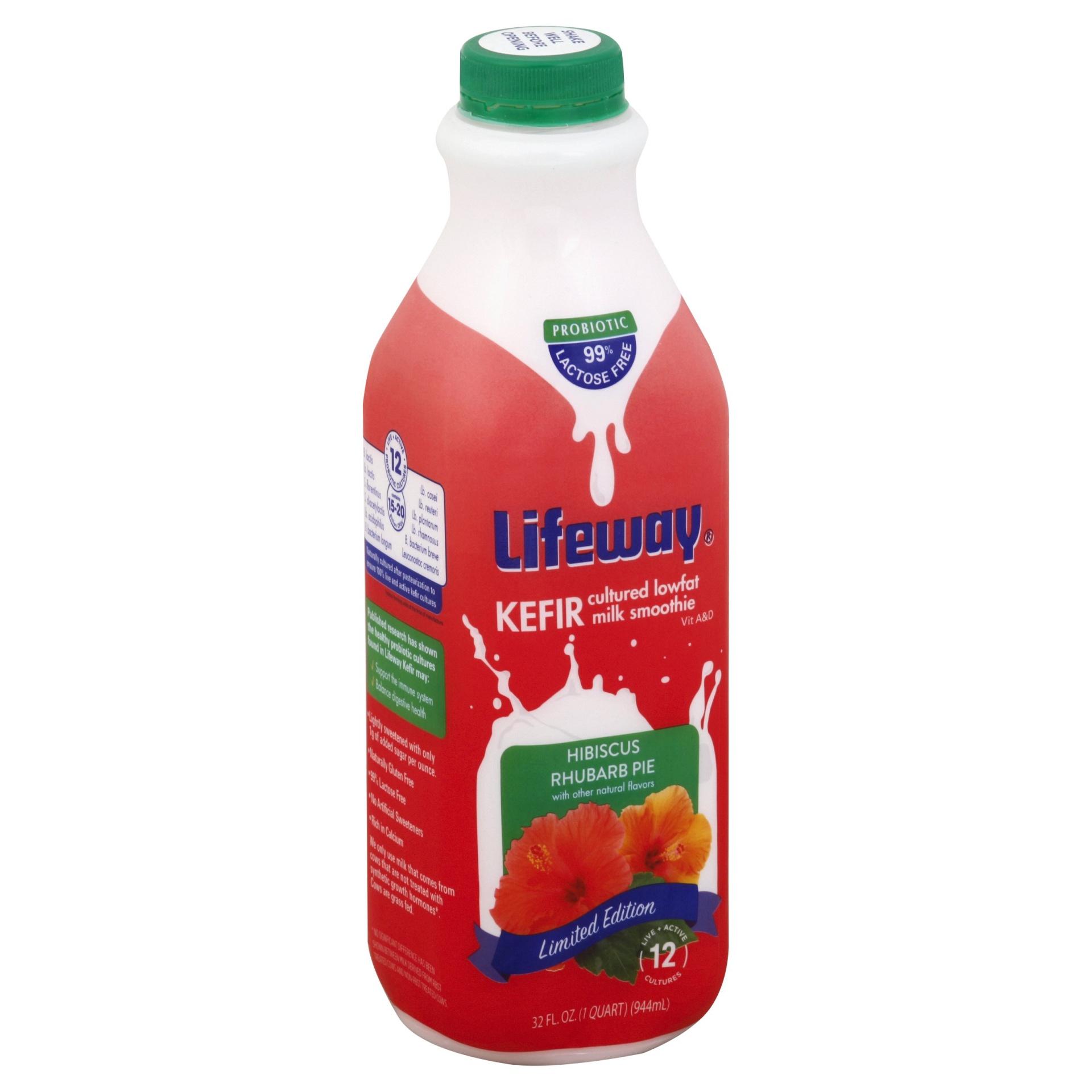 slide 1 of 4, Lifeway Limited Edition Hibiscus Rhubarb Pie Kefir Cultured Lowfat Milk Smoothie, 32 fl oz