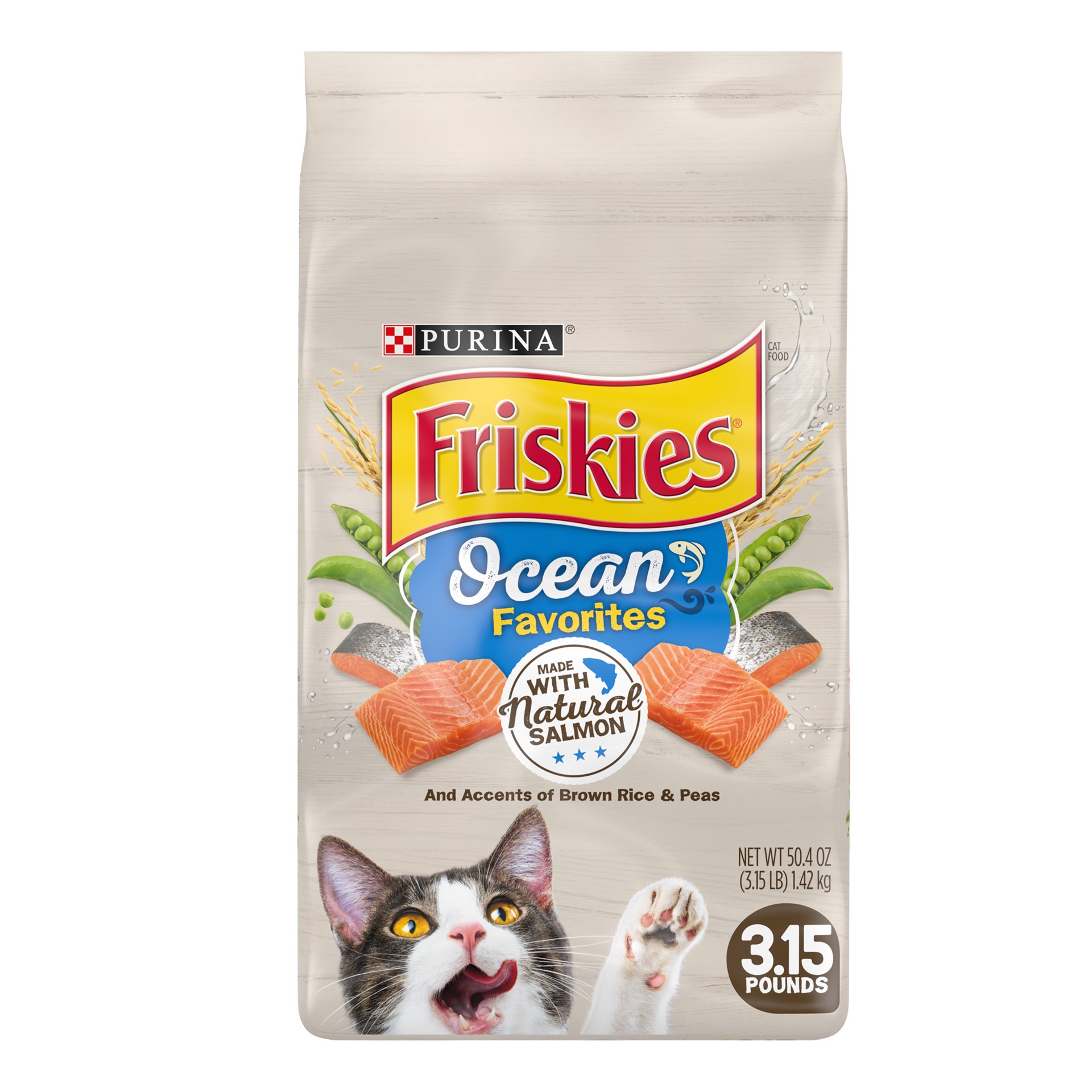 slide 1 of 9, Friskies Purina Friskies Dry Cat Food, Ocean Favorites With Natural Salmon, 3.15 lb