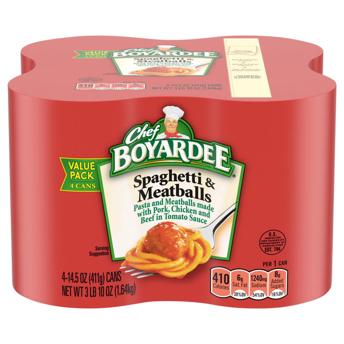 slide 1 of 1, Chef Boyardee Spaghetti & Meatballs in Tomato Sauce, Ready-to-Eat Meal, 14.5 oz. Can (Pack of 4), 4 ct