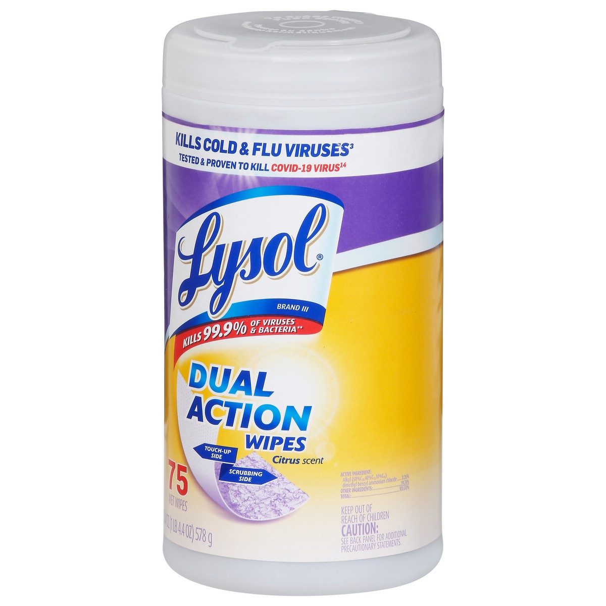 slide 3 of 9, Lysol Dual Action Disinfectant Wipes, Multi-Surface Antibacterial Scrubbing Wipes, For Disinfecting and Cleaning, Citrus Scent, 75ct, 75 ct