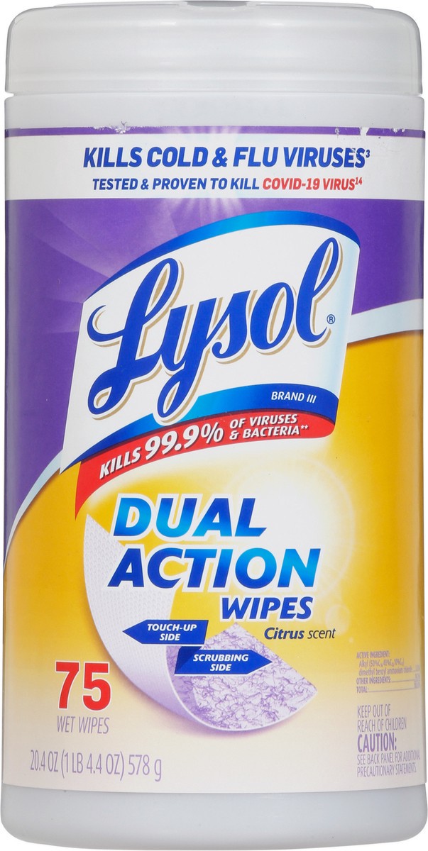 slide 5 of 9, Lysol Dual Action Disinfectant Wipes, Multi-Surface Antibacterial Scrubbing Wipes, For Disinfecting and Cleaning, Citrus Scent, 75ct, 75 ct