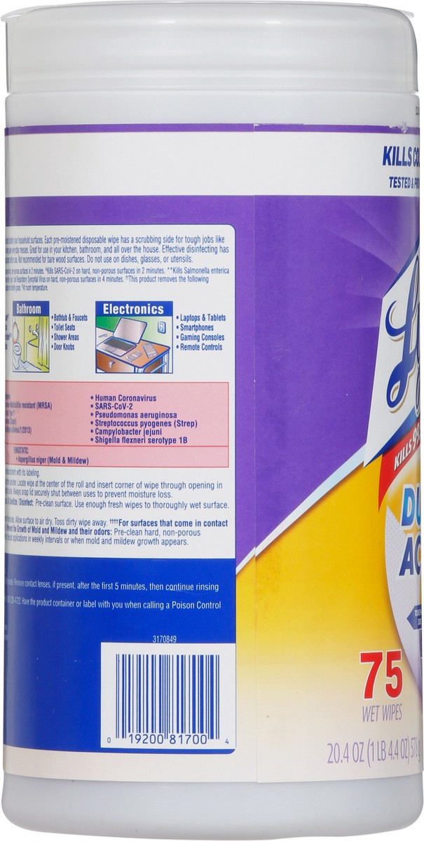 slide 4 of 9, Lysol Dual Action Disinfectant Wipes, Multi-Surface Antibacterial Scrubbing Wipes, For Disinfecting and Cleaning, Citrus Scent, 75ct, 75 ct