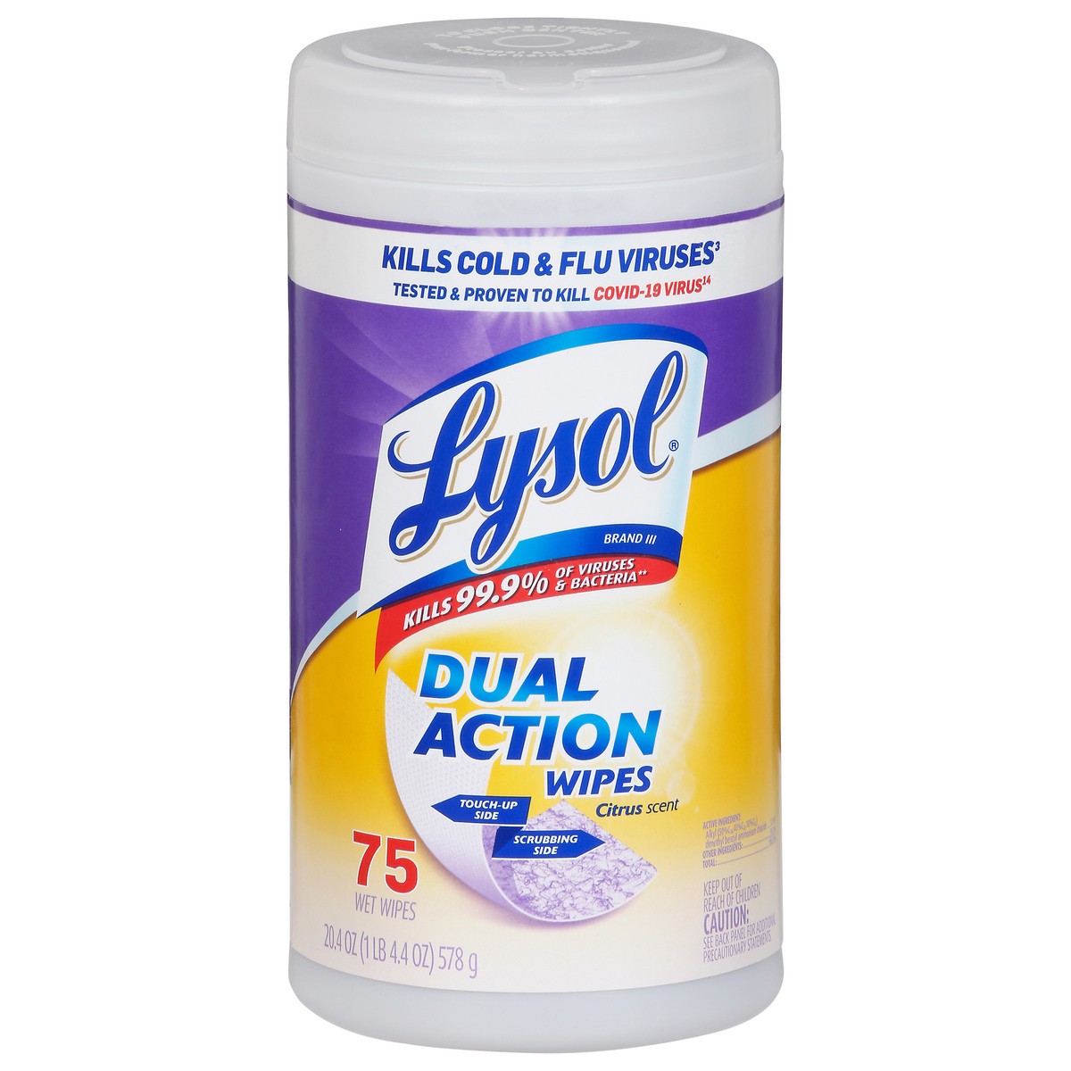 slide 1 of 9, Lysol Dual Action Citrus Scent Wet Wipes 75 ea, 75 ct