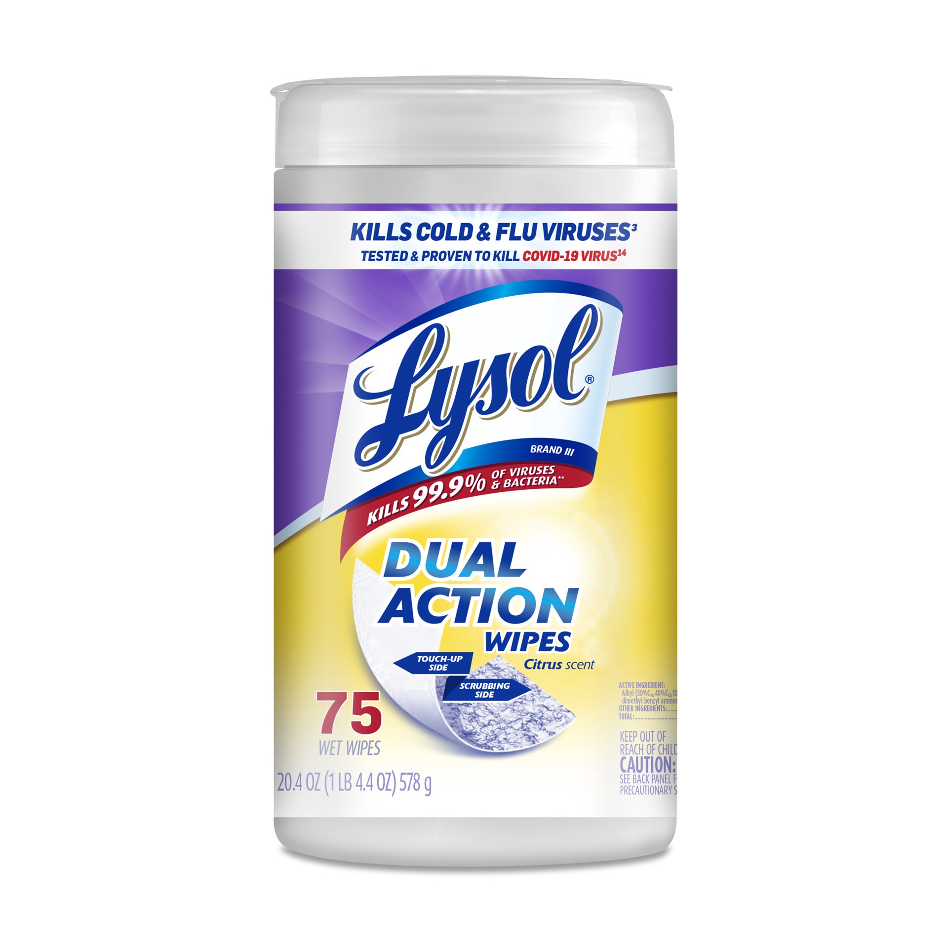 slide 1 of 9, Lysol Dual Action Disinfectant Wipes, Multi-Surface Antibacterial Scrubbing Wipes, For Disinfecting and Cleaning, Citrus Scent, 75ct, 75 ct