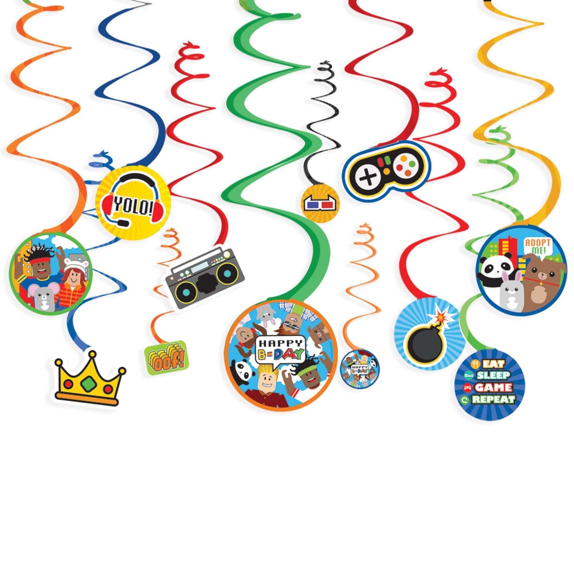 slide 1 of 1, Party City Party Town Birthday Cardstock Swirl Decorations, 12 ct
